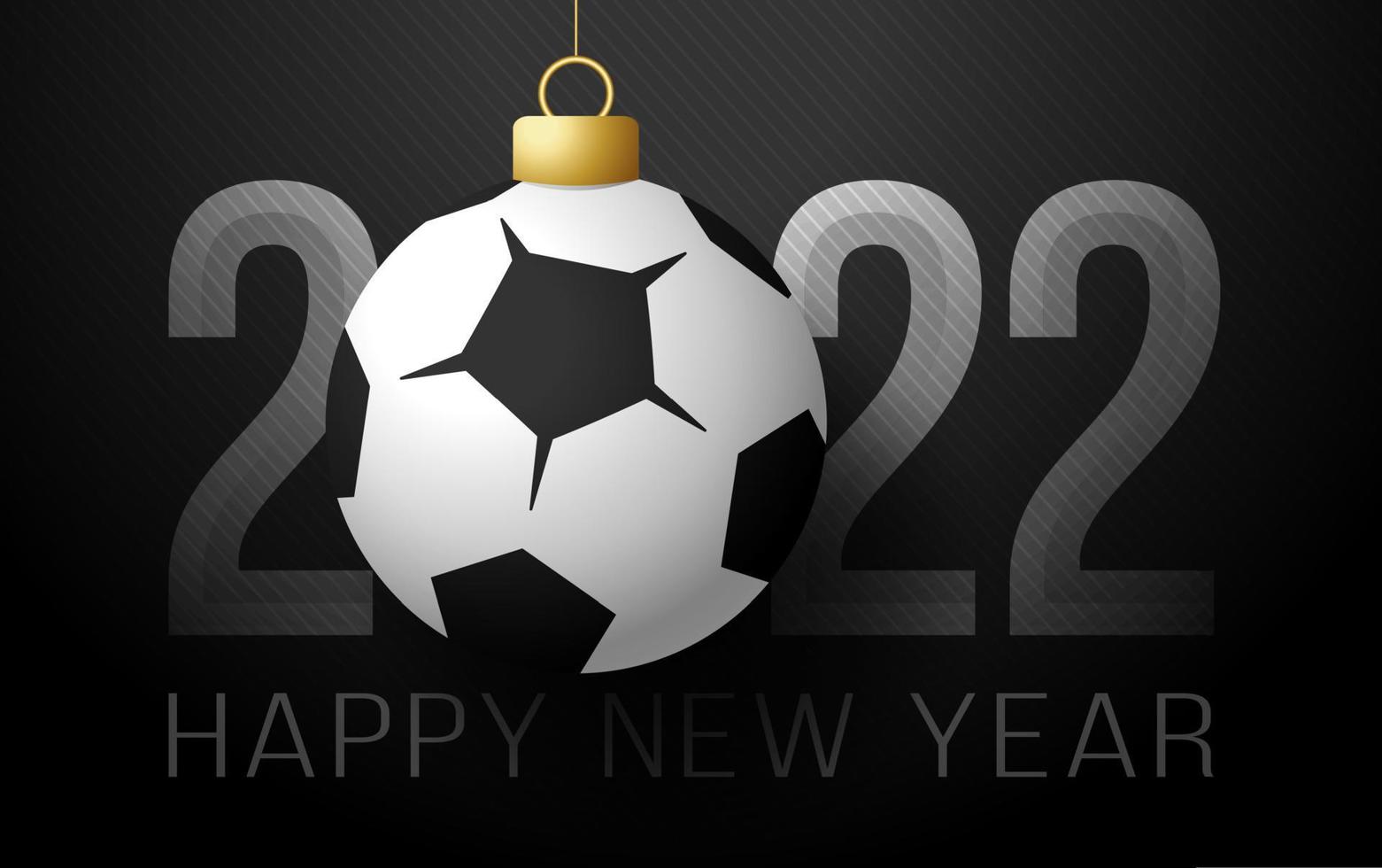 2022 Happy New Year. Sports greeting card with soccer and football ball on the luxury background. Vector illustration.