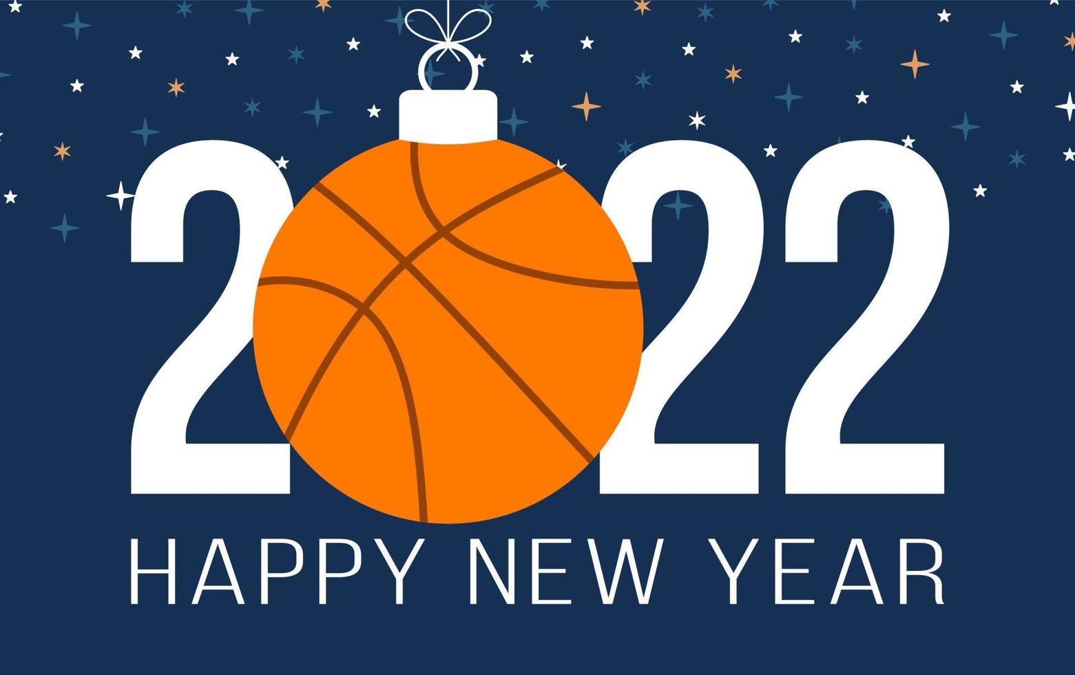Ilustración de vector de baloncesto feliz año nuevo 2022. Tarjeta de felicitación de deportes 2022 de estilo plano con una pelota de baloncesto en el fondo de color. ilustración vectorial.