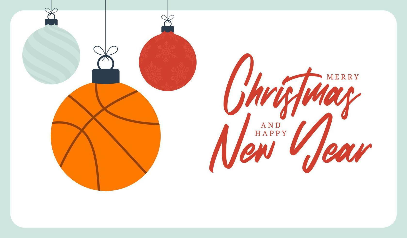 tarjeta de felicitación de navidad de baloncesto. Feliz navidad y próspero año nuevo banner deportivo de dibujos animados planos. pelota de baloncesto como una pelota de Navidad en el fondo. ilustración vectorial. vector