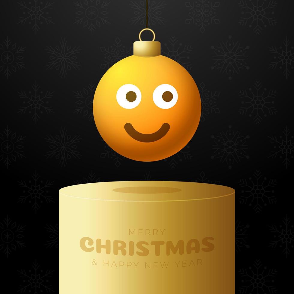 tarjeta de feliz navidad con cara de emoji de sonrisa en pedestal. Ilustración de vector de estilo plano con letras de Navidad y emoción en bola de Navidad colgando de hilo en el fondo