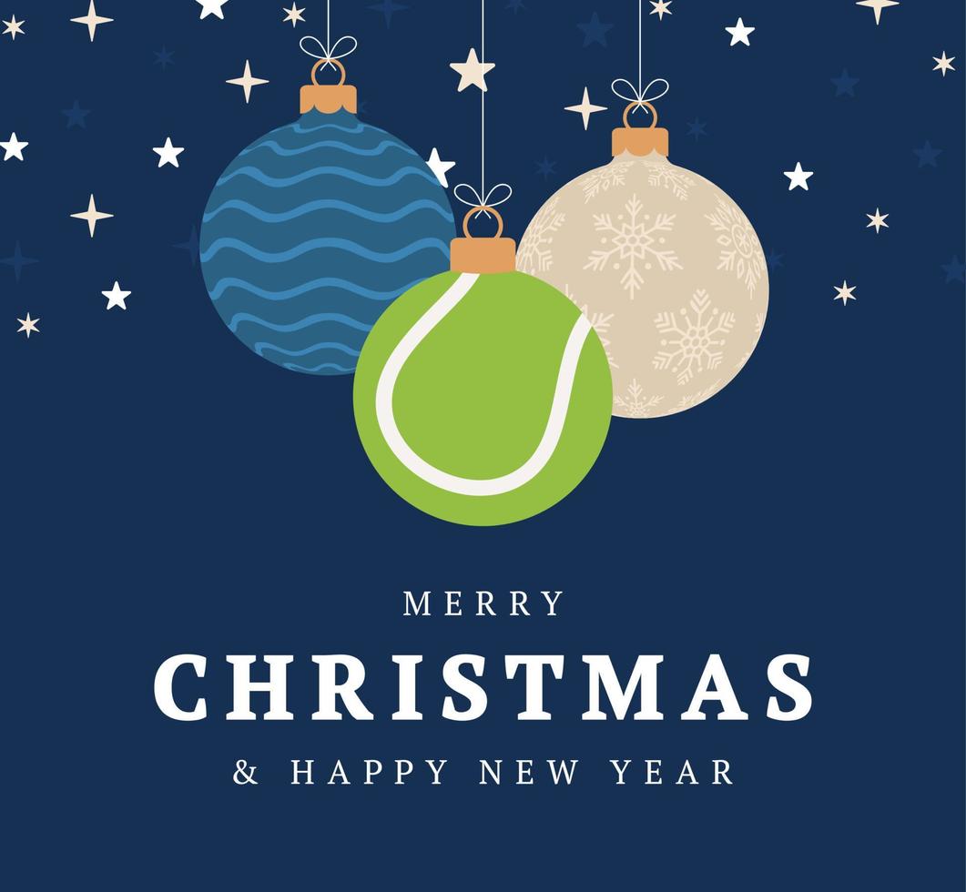 tennis christmas greeting card. Merry Christmas and Happy New Year flat cartoon Sports banner. tennis ball as a xmas ball on background. Vector illustration.