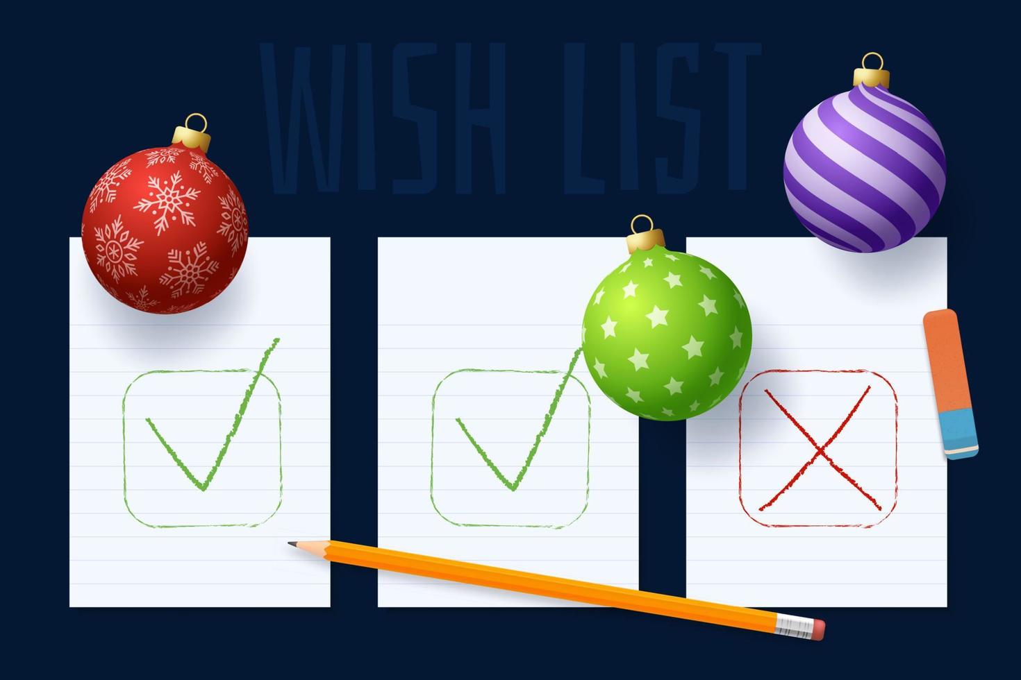 lista de planes de deseos de año nuevo. lista de metas de año nuevo. Texto de resoluciones 2022 en el bloc de notas. plan de ACCION. lápices y bola de árbol realista adorno de colores vector
