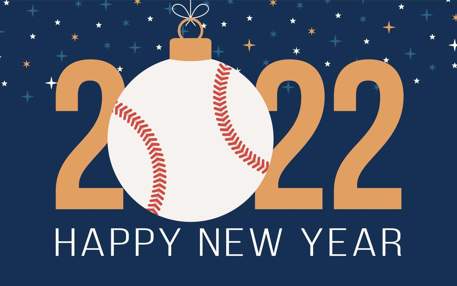 Ilustración de vector de béisbol feliz año nuevo 2022. Tarjeta de felicitación de deportes 2022 de estilo plano con una pelota de béisbol en el fondo de color. ilustración vectorial.