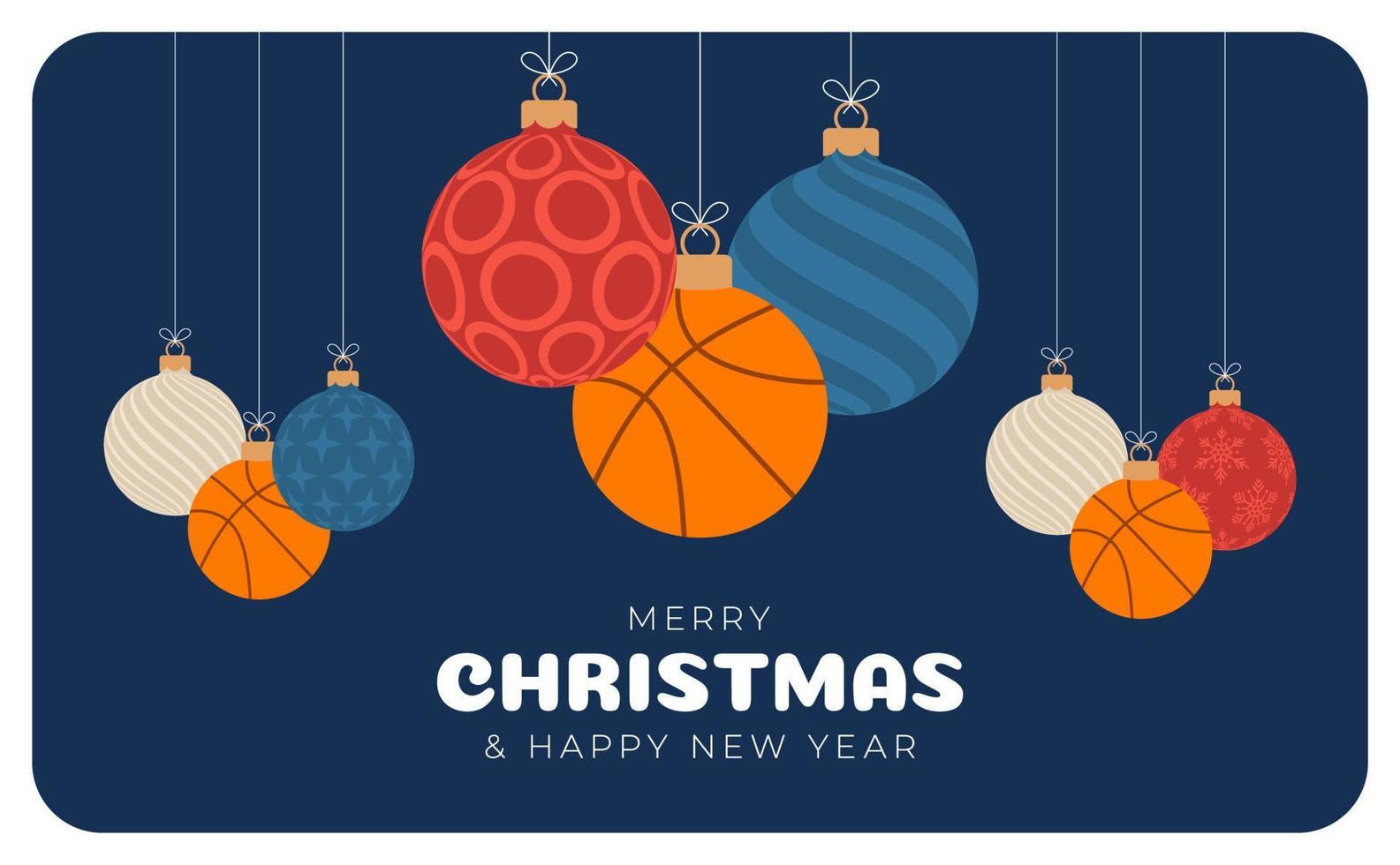 Basketball christmas greeting card. Merry Christmas and Happy New Year flat cartoon Sports banner. basketball ball as a xmas ball on background. Vector illustration.