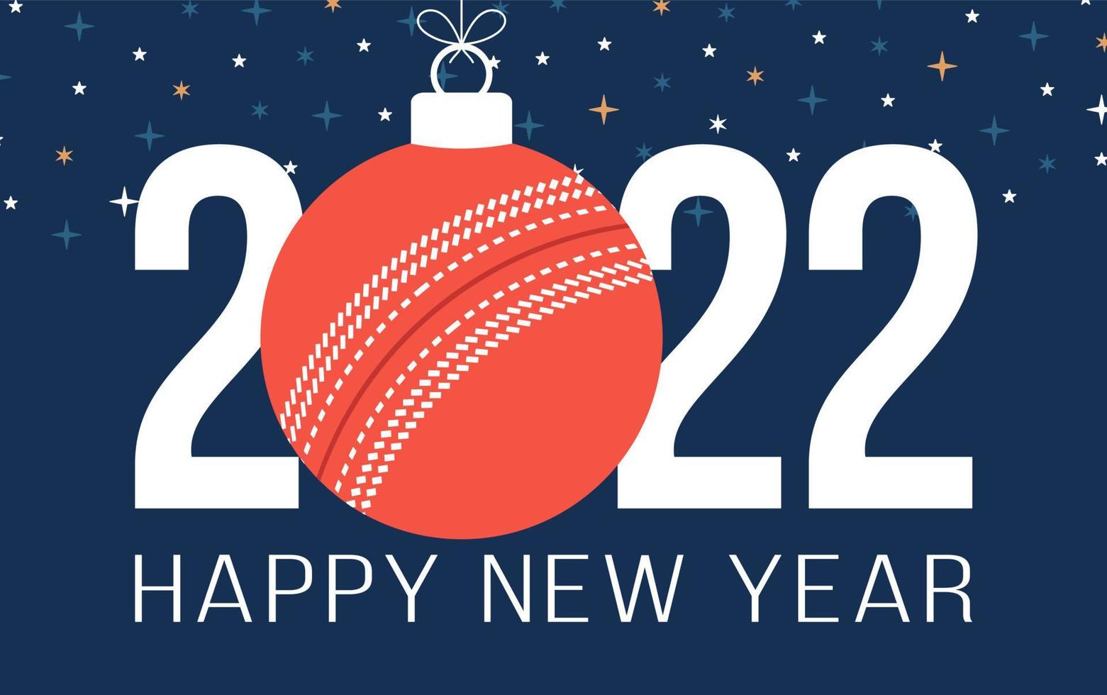 2022 feliz año nuevo ilustración de vector de cricket. tarjeta de felicitación de deportes 2022 de estilo plano con una pelota de cricket en el fondo de color. ilustración vectorial.