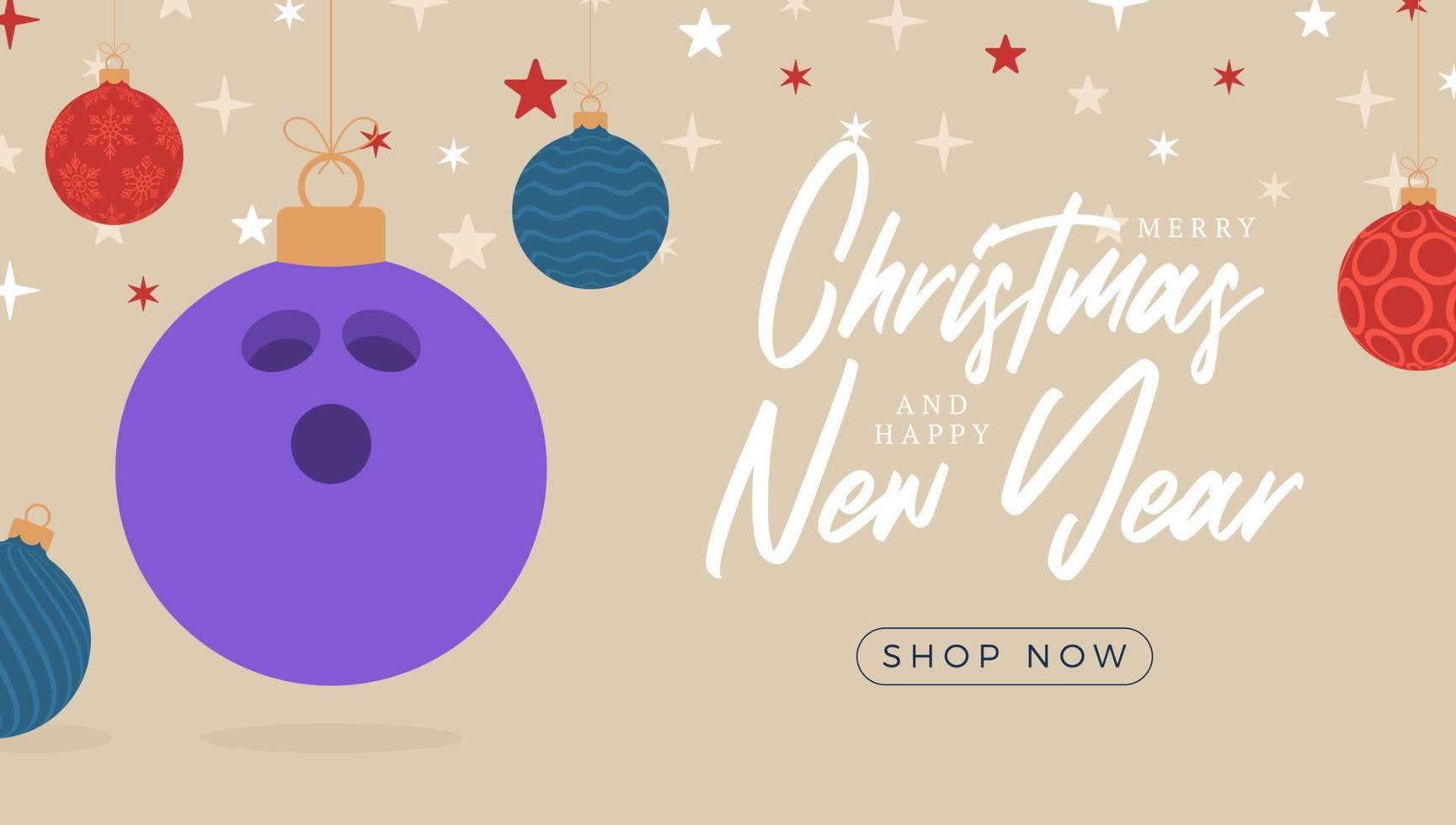 bowling christmas greeting card. Merry Christmas and Happy New Year flat cartoon Sports banner. bowling ball as a xmas ball on background. Vector illustration.