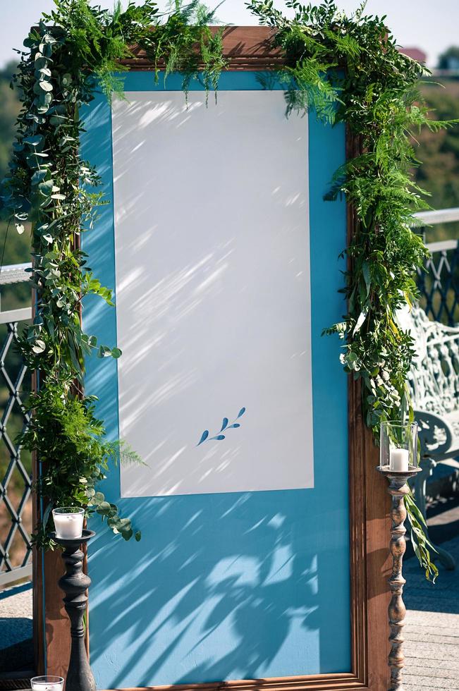 Wedding event outdoor decoration setup, blue screen, copy space photo