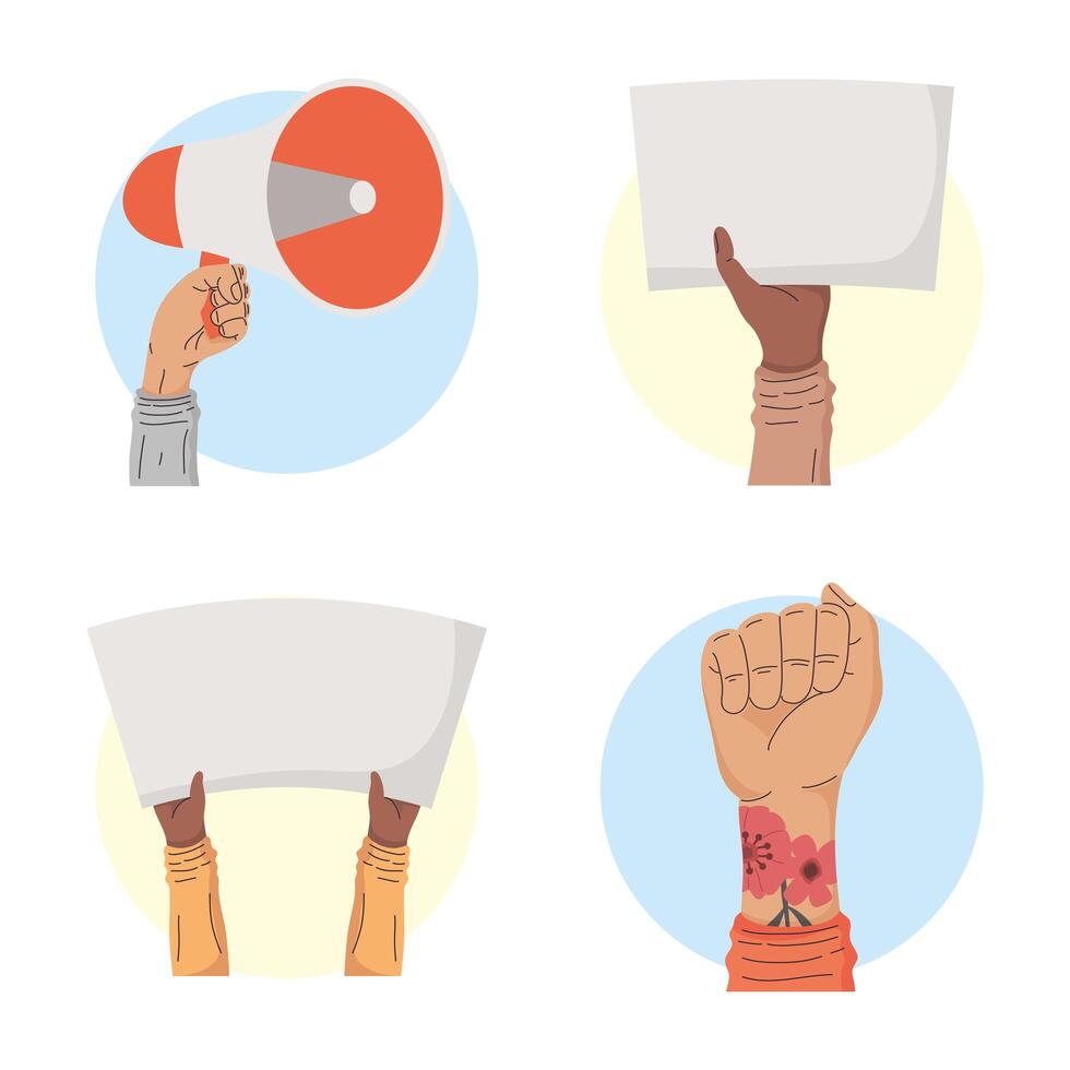 four interracial protesters hands vector