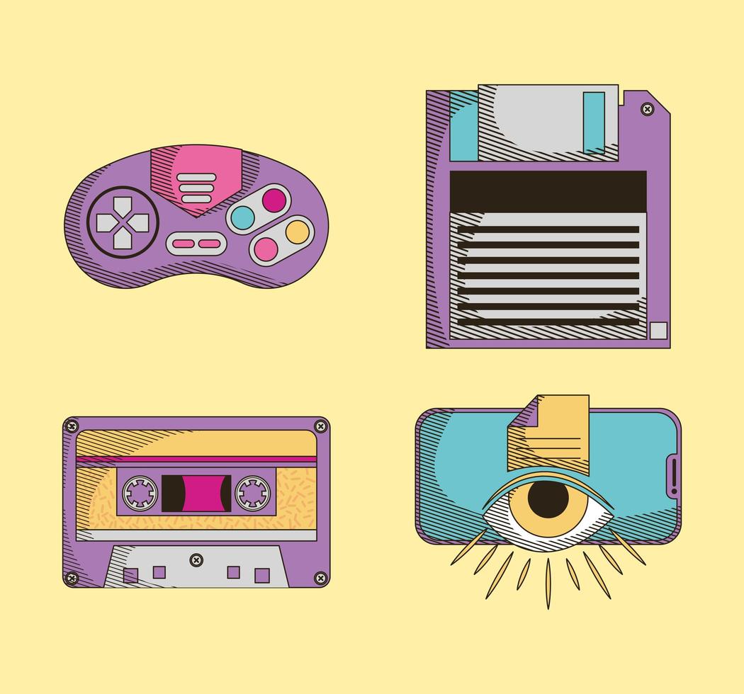 cuatro iconos retrofuturistas vector