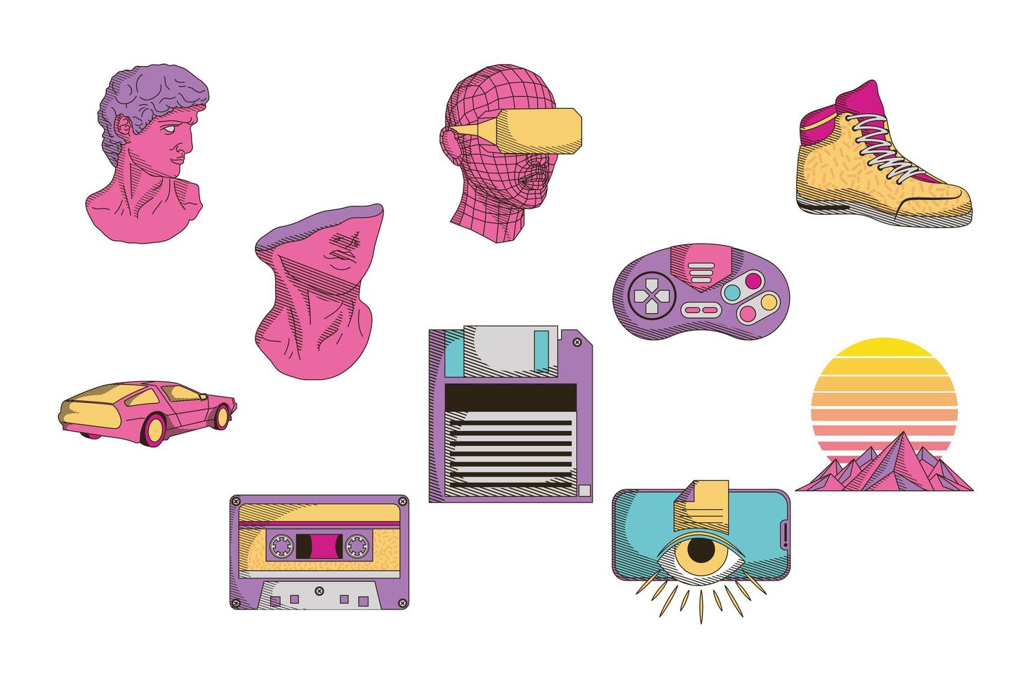 ten retrofuturistic icons vector