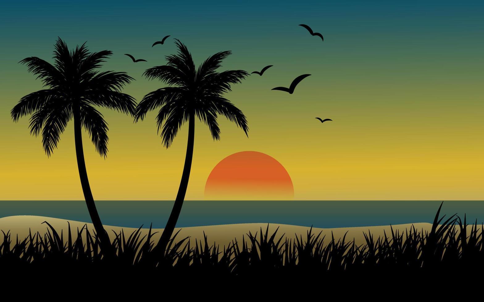 paisaje de puesta de sol de playa con palmeras, hierba y pájaros vector