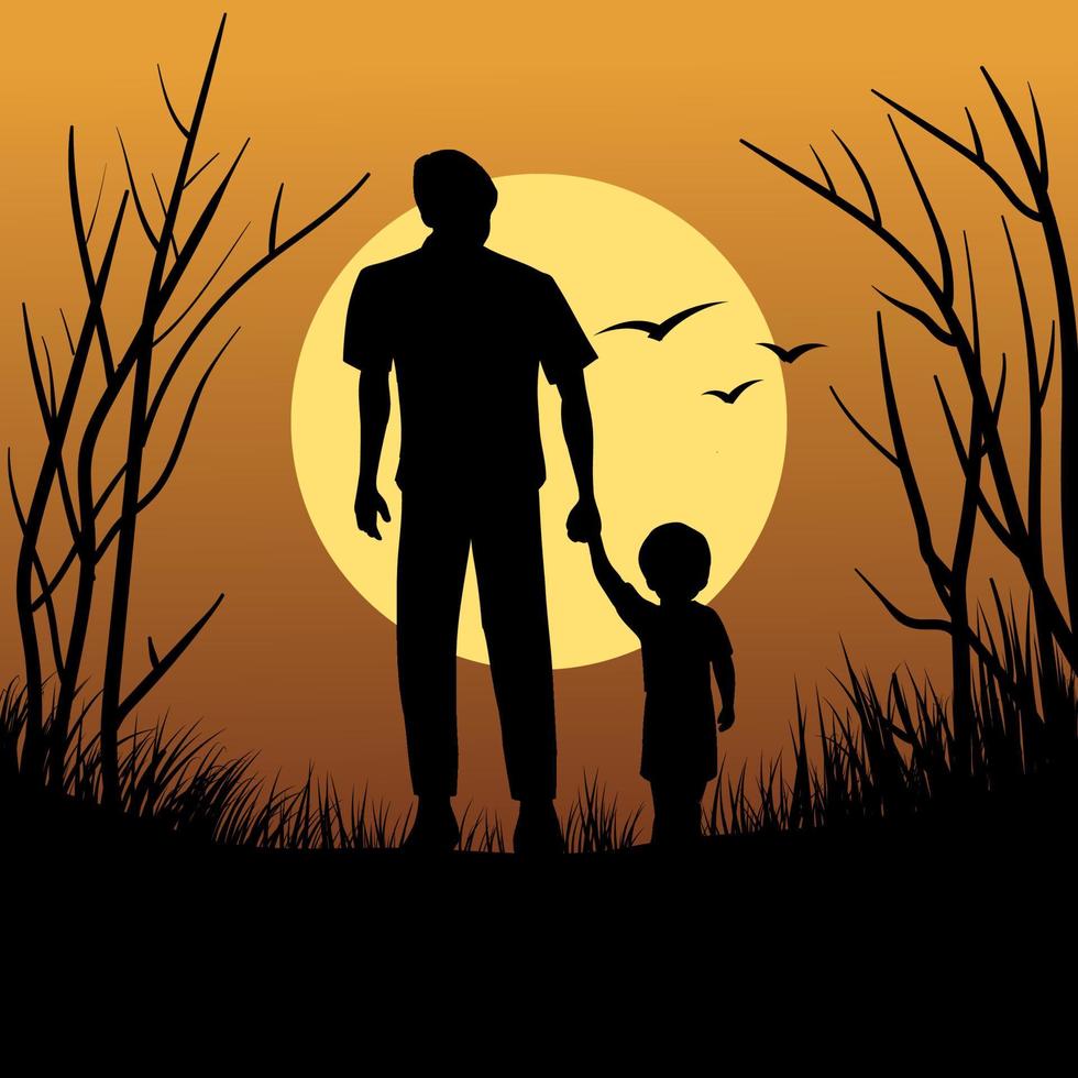 Father and Son Walking Together at Sunset vector