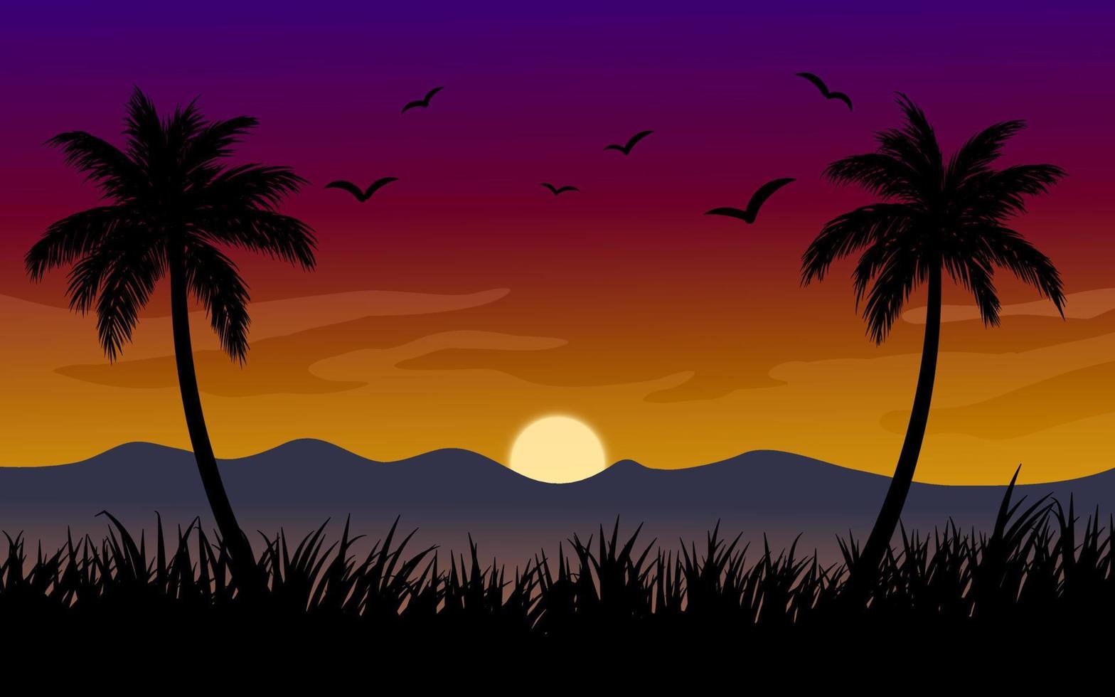 Fondo de paisaje al atardecer con cocoteros, hierba, montaña y aves vector