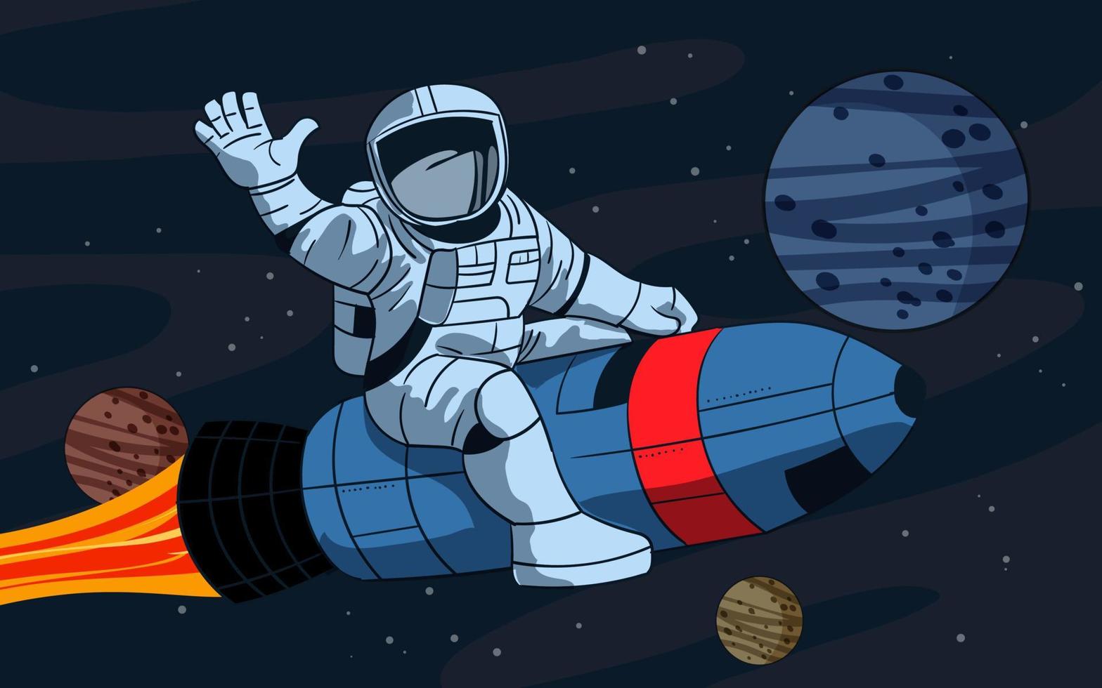 astronauta de dibujos animados volando en ilustración de cohete vector