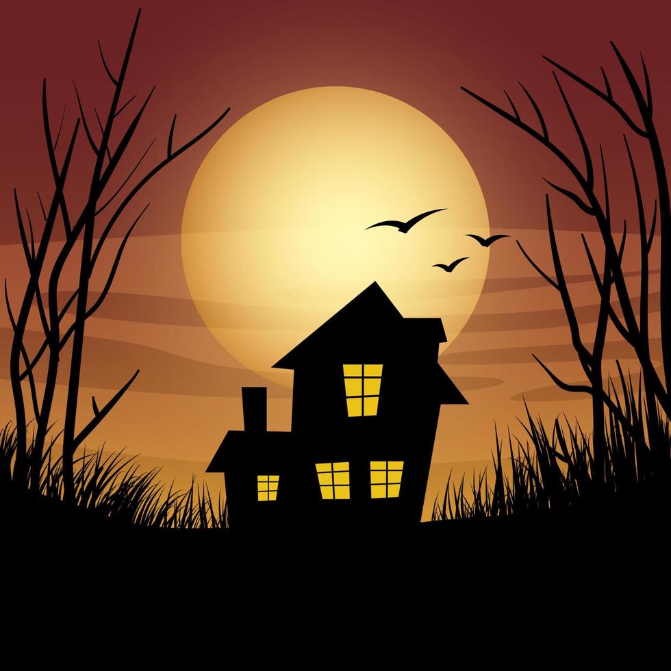 Lonely House Sunset with Birds, Grass and Trees in Silhouette vector