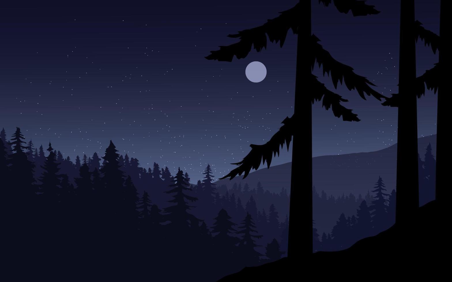 Pine Forest Night Landscape with Moon vector