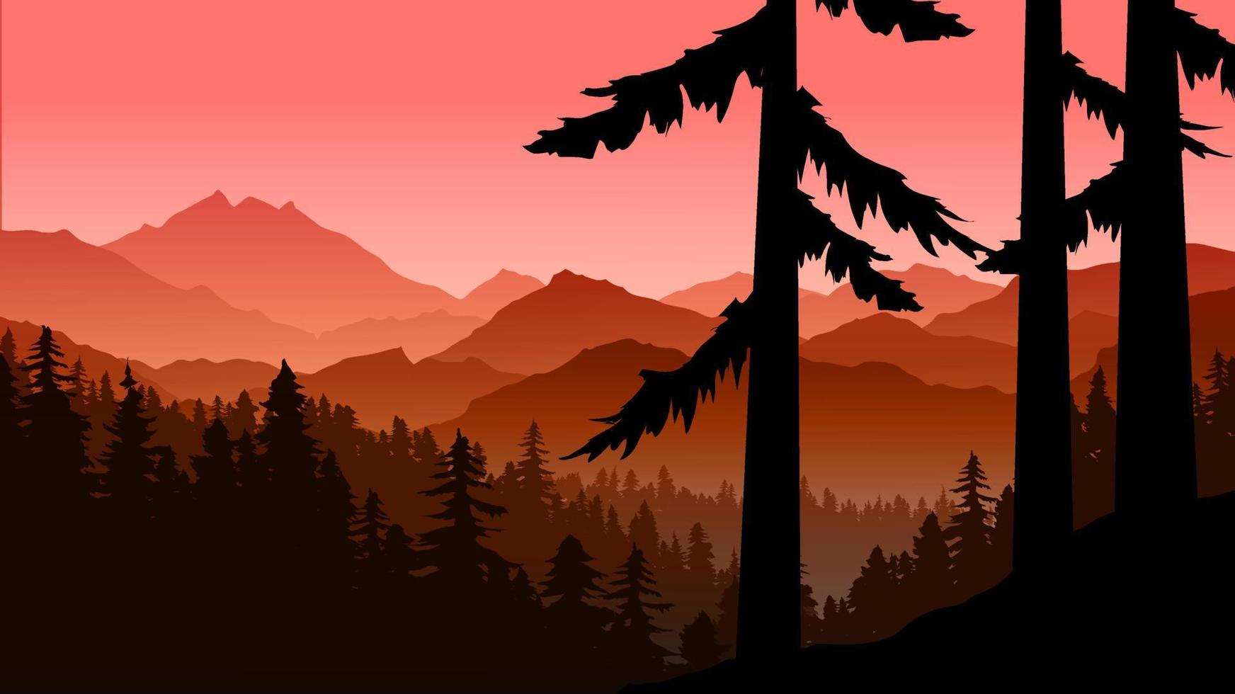 Hermoso paisaje de bosque de montaña de niebla en silueta vector