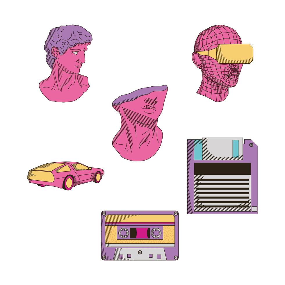 retrofuturistic seis iconos vector