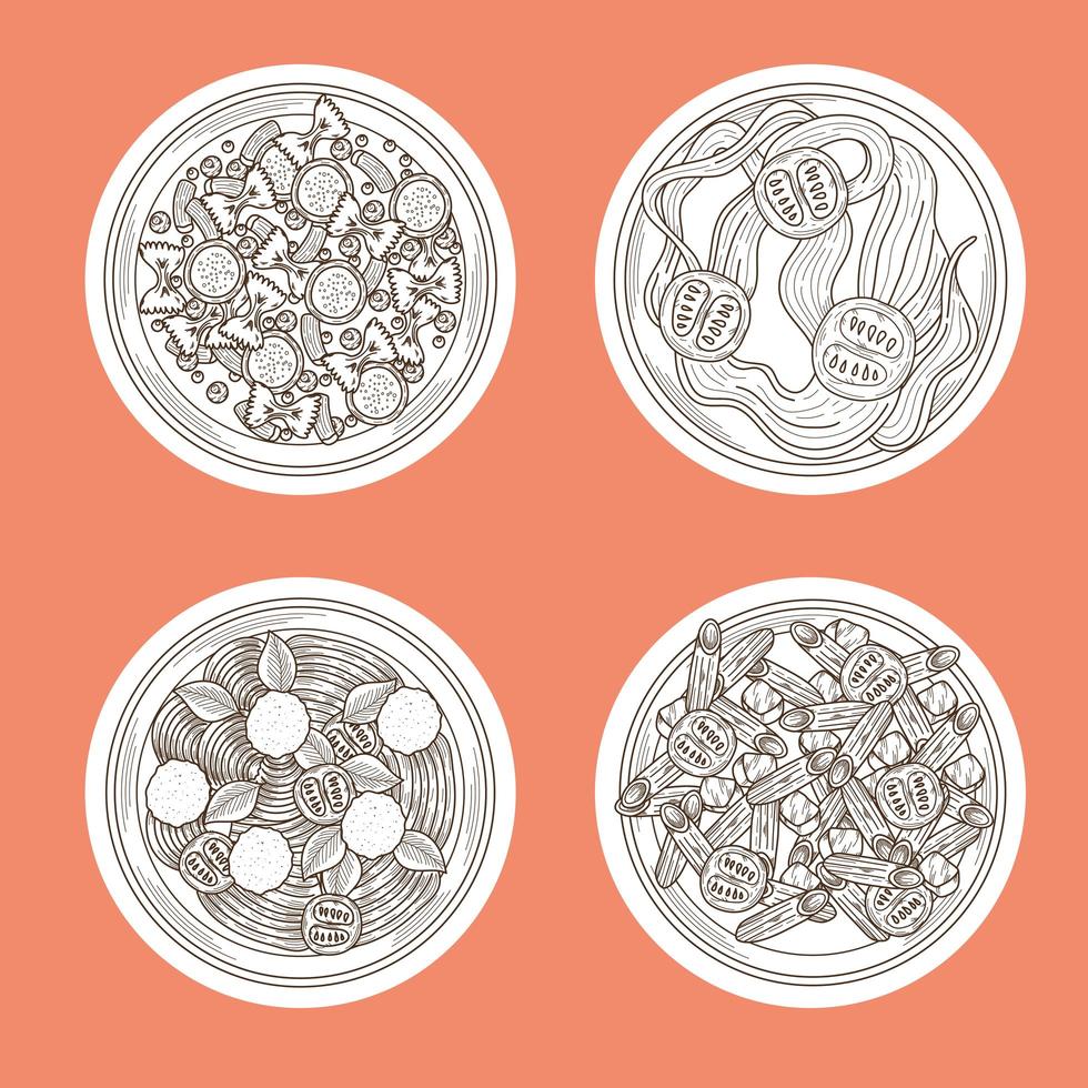 four italian pastas plates vector