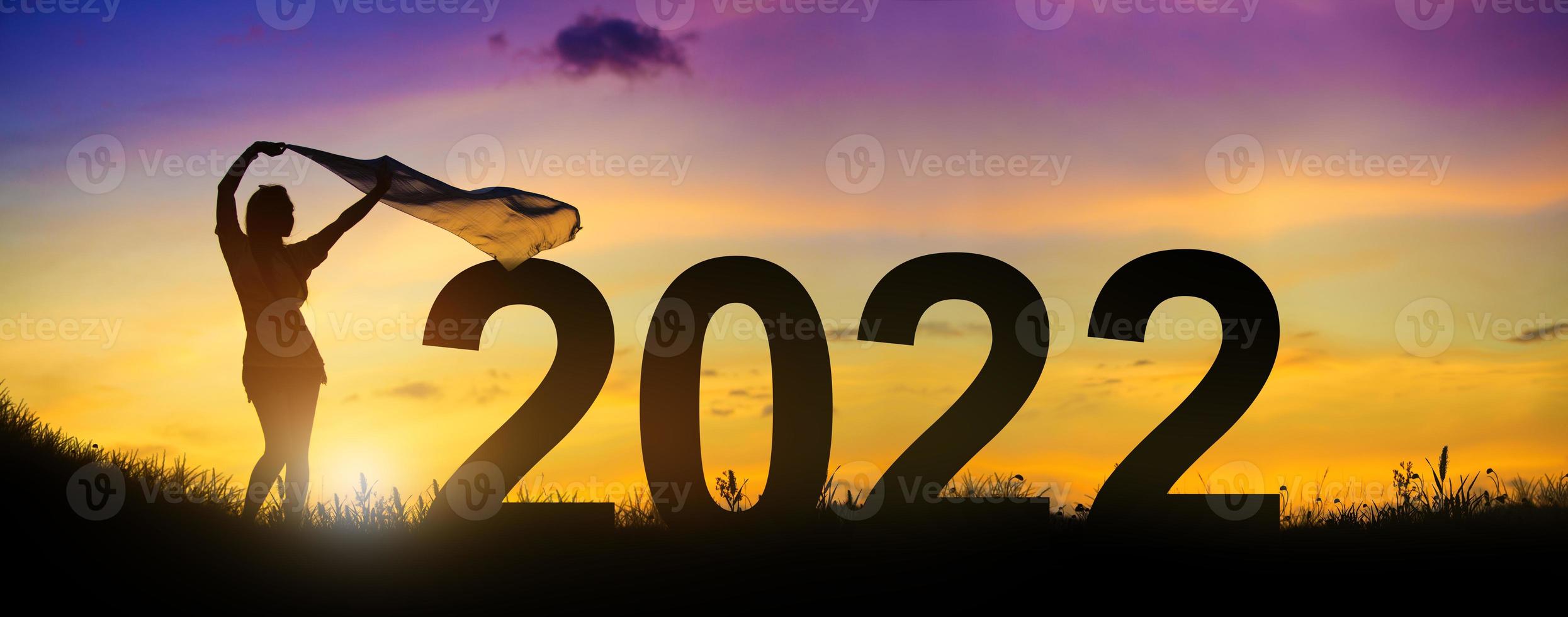 Happy New Year 2022 in the twilight background. photo
