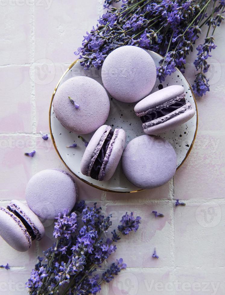 macarons franceses con sabor a lavanda y flores frescas de lavanda foto