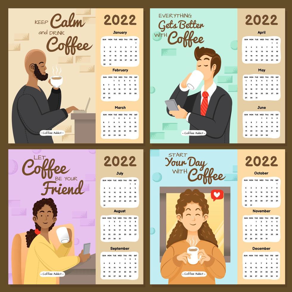 Calendar 2022 People with Coffee Addict Theme vector