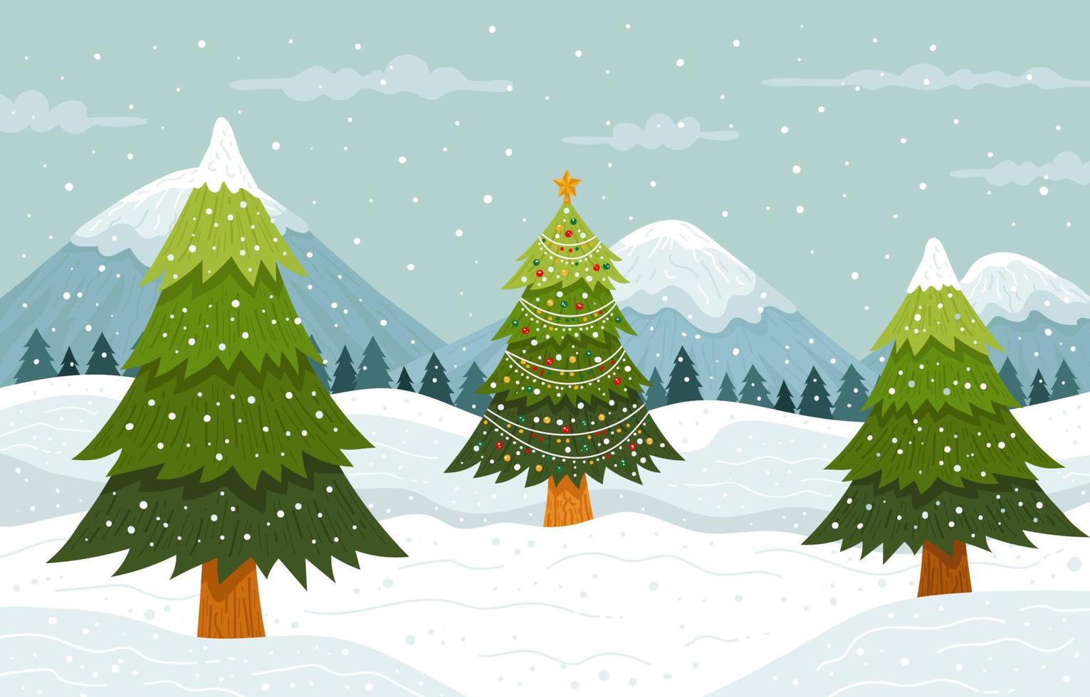 Mountain Winter View Christmas Tree Background vector