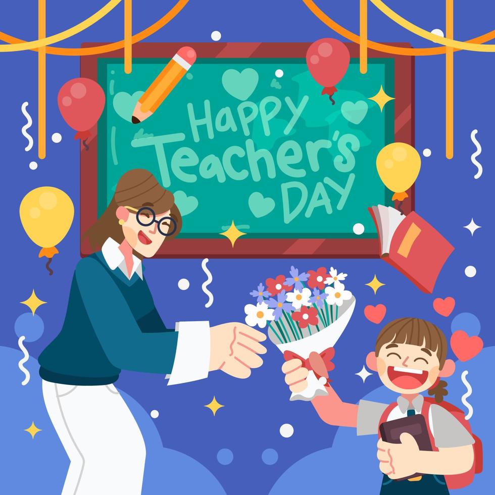 Student Giving Flower to Teacher vector