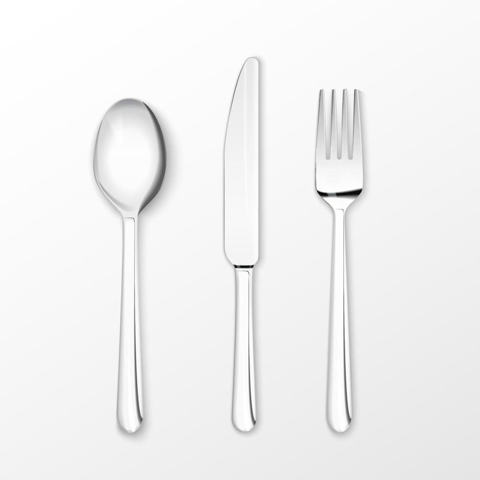 cuchillo de mesa, tenedor y cuchara de plata vector realista.