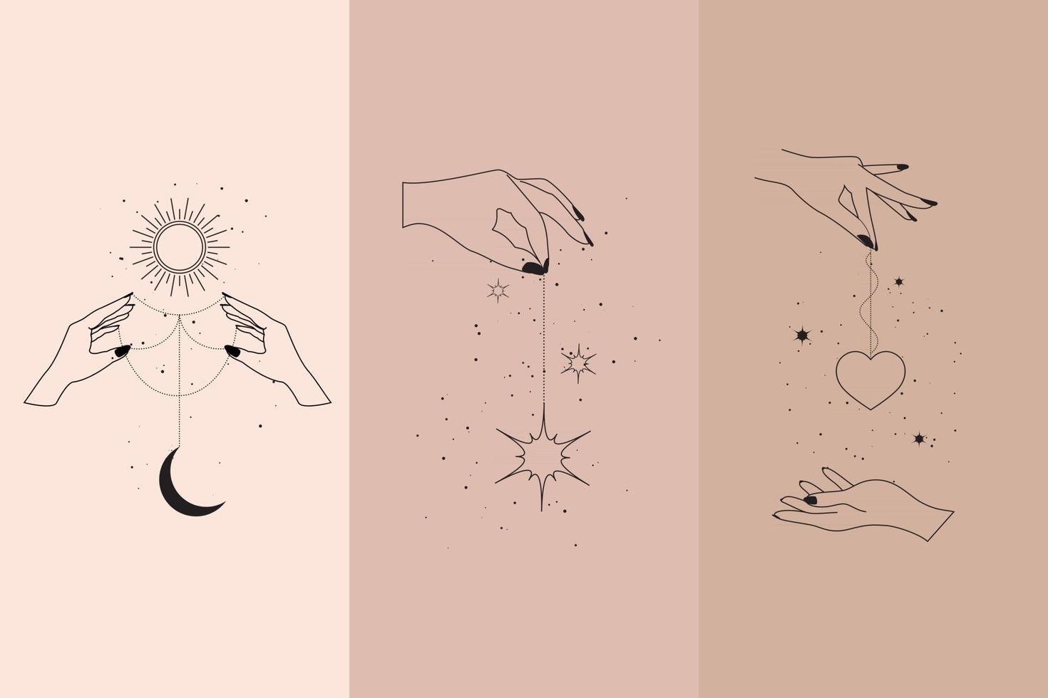 Diamantes mágicos y manos de mujer con luna creciente en estilo lineal boho. vector