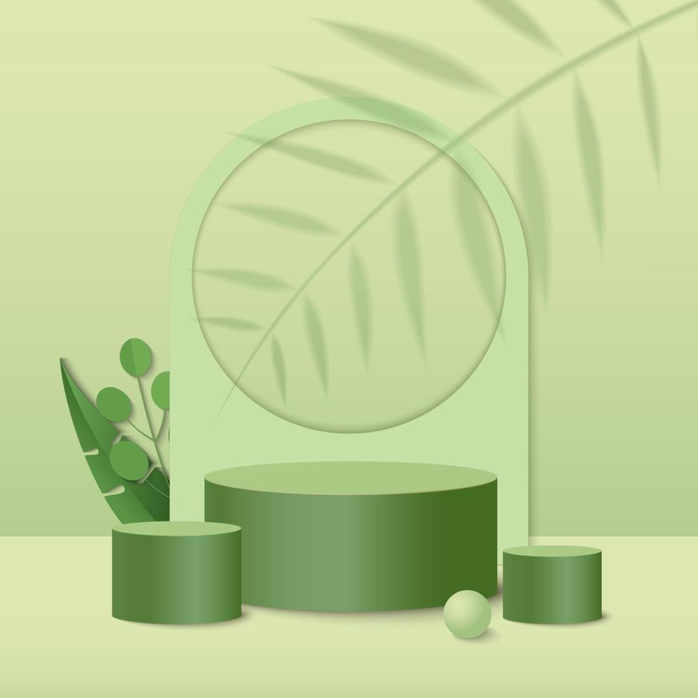 cylinder podium in green background with green plant leaves vector