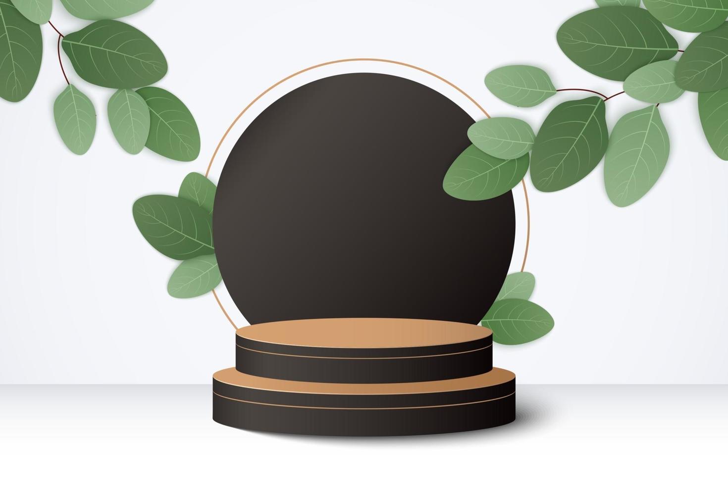 cylinder wood podium in black background with leaves vector