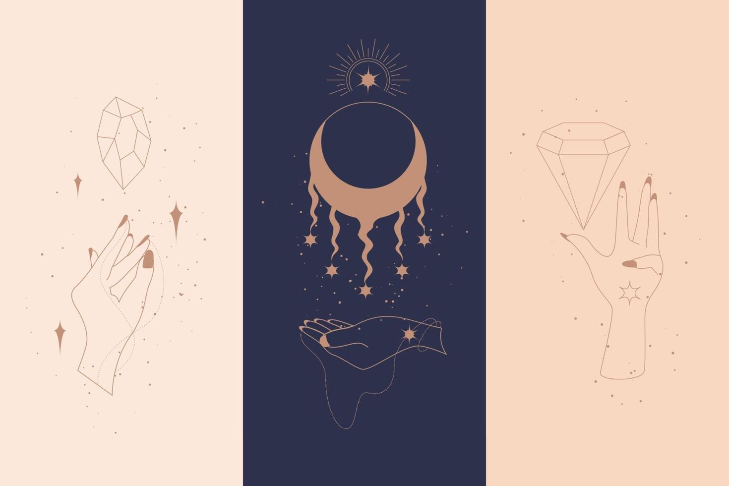Magic diamonds and woman hands with moon crescent in boho linear style vector