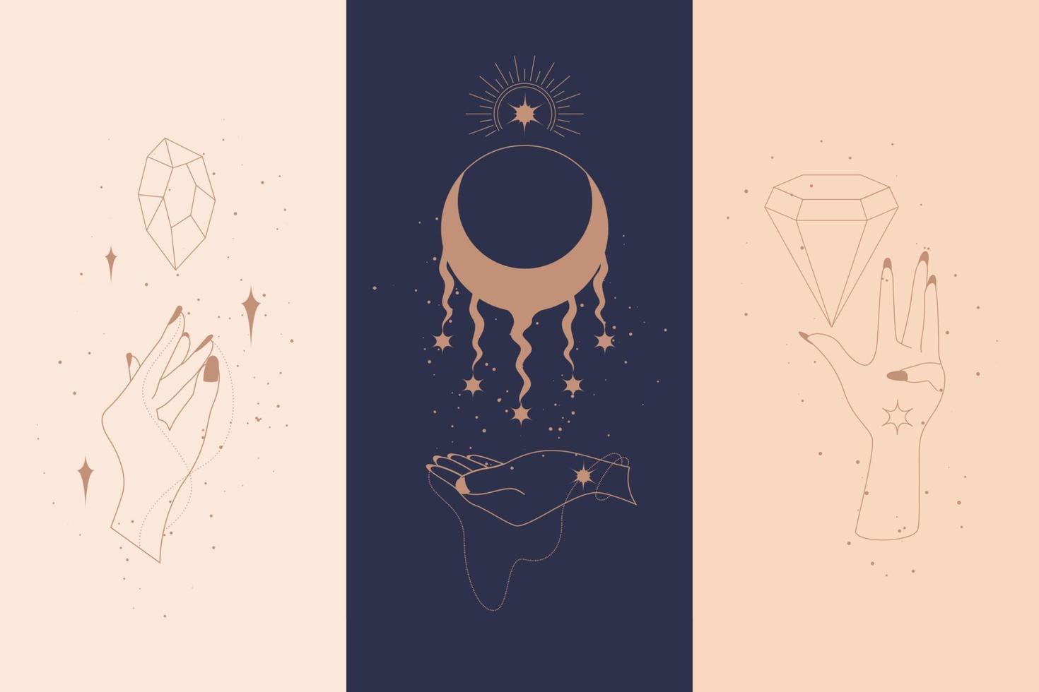 Diamantes mágicos y manos de mujer con luna creciente en estilo lineal boho. vector