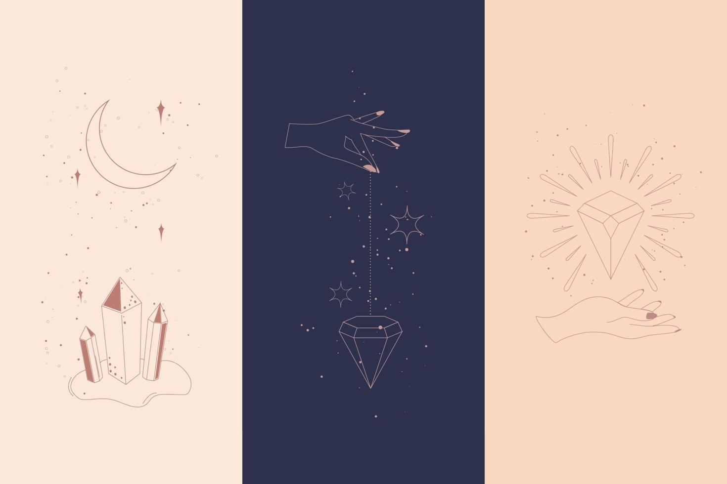 Diamantes mágicos y manos de mujer con luna creciente en estilo lineal boho. vector