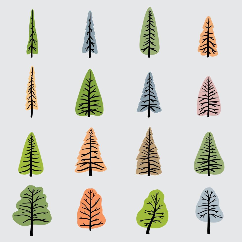 Simplicity pine tree freehand drawing flat design collection. vector