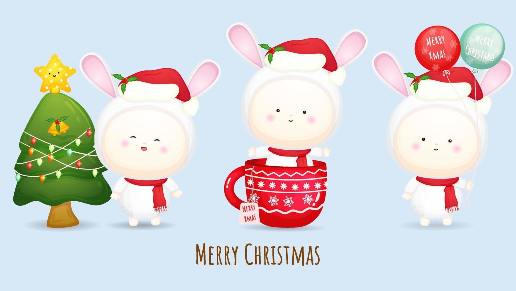lindo bebé con sombrero de santa para la ilustración de feliz navidad con diferentes poses vector premium