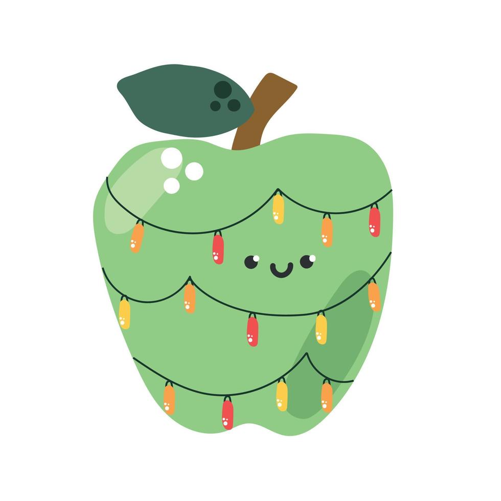 Hand drawn cute apple with a garland and funny face. Merry Christmas or birthday concept for greeting card. vector