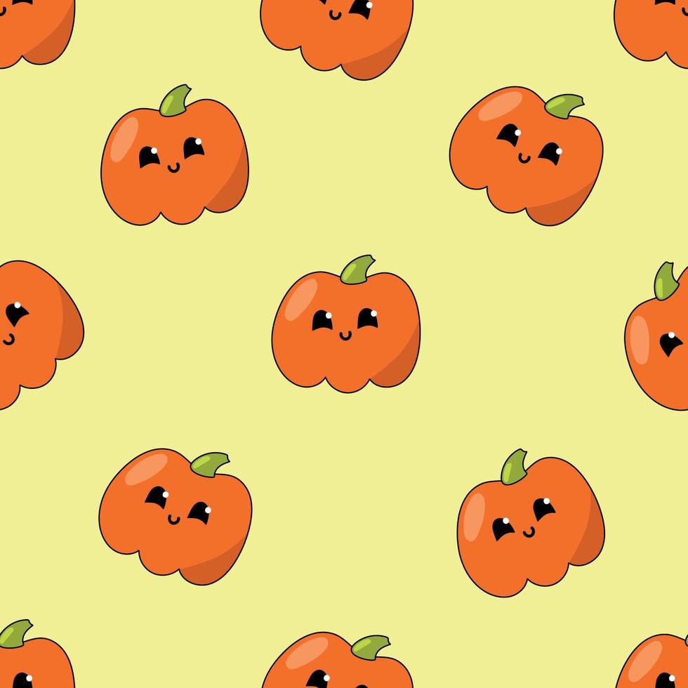 Seamless pattern of hand drawn pumpkins on yellow background. vector