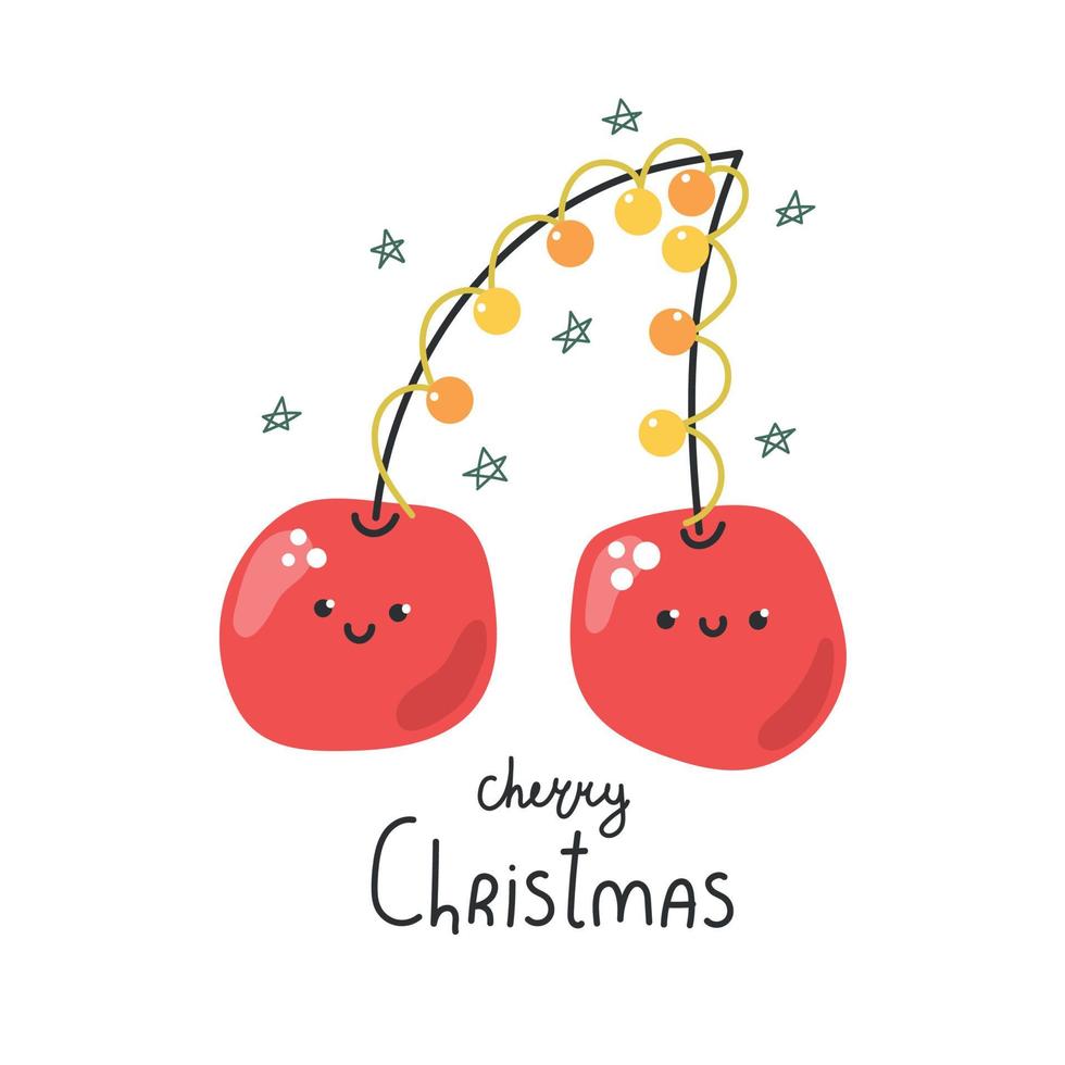 Cute hand drawn cherries with garland and text cherry Christmas. vector
