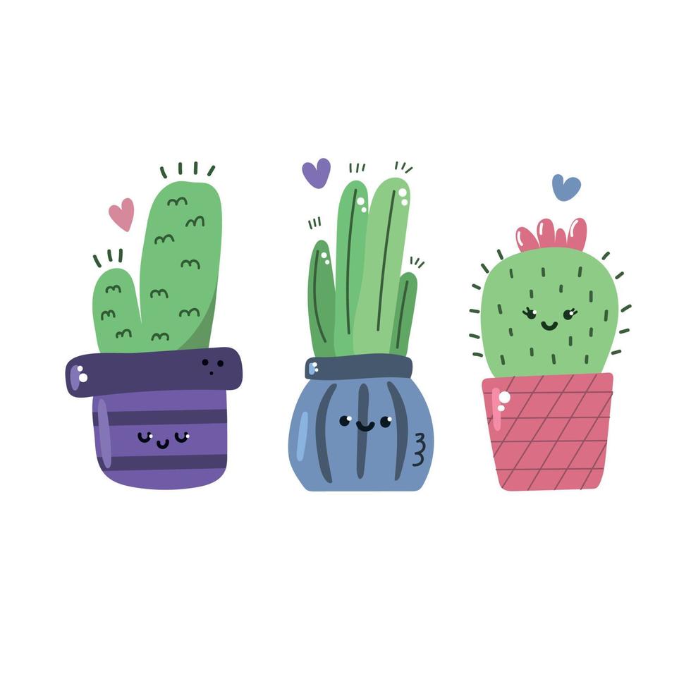 Cute hand drawn pots with cacti and fun faces, home plants, kawaii concept. Flat illustration. vector