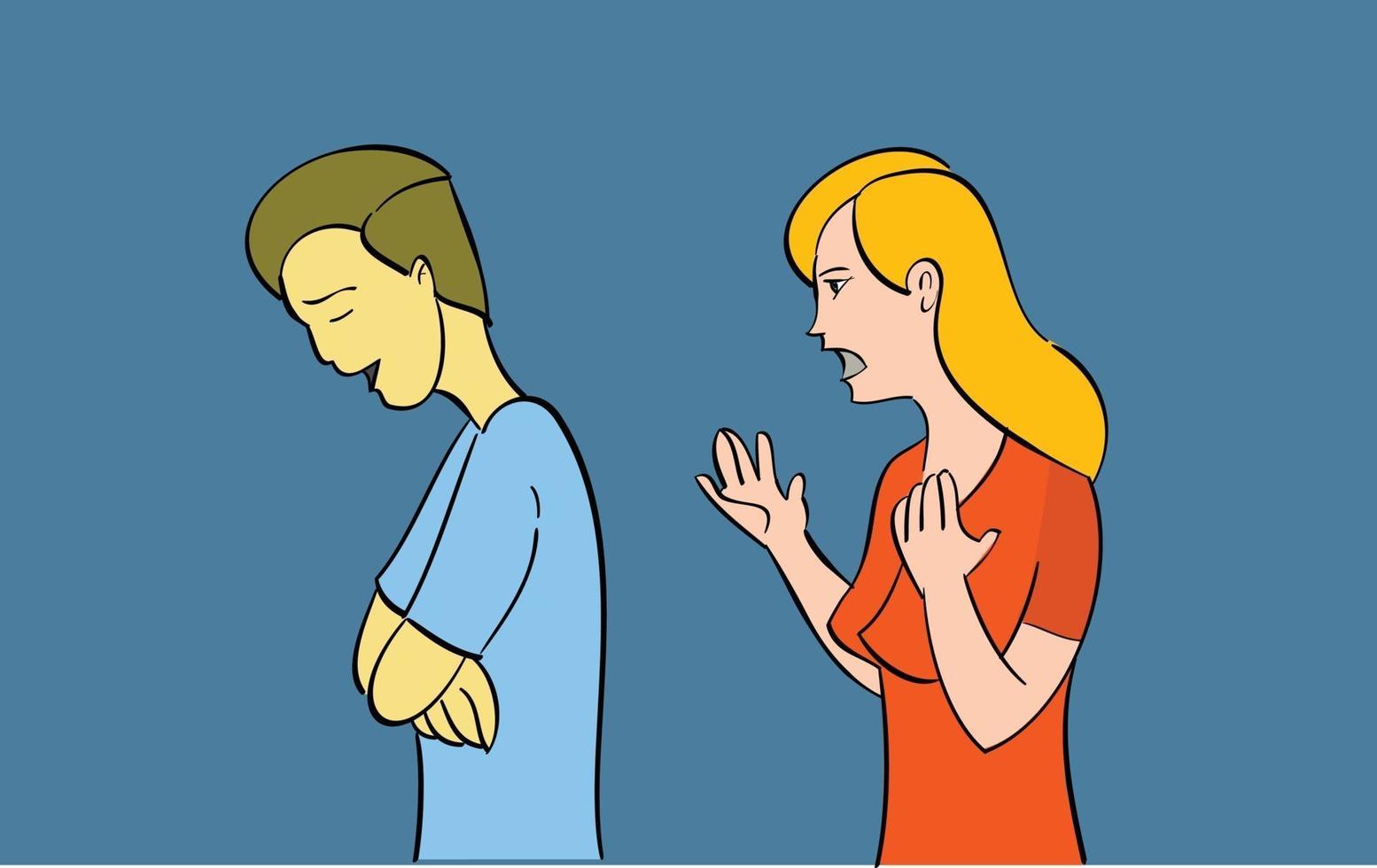 Displeased woman and her husband quarreling at home. Family divorce,  conflict concept. vector