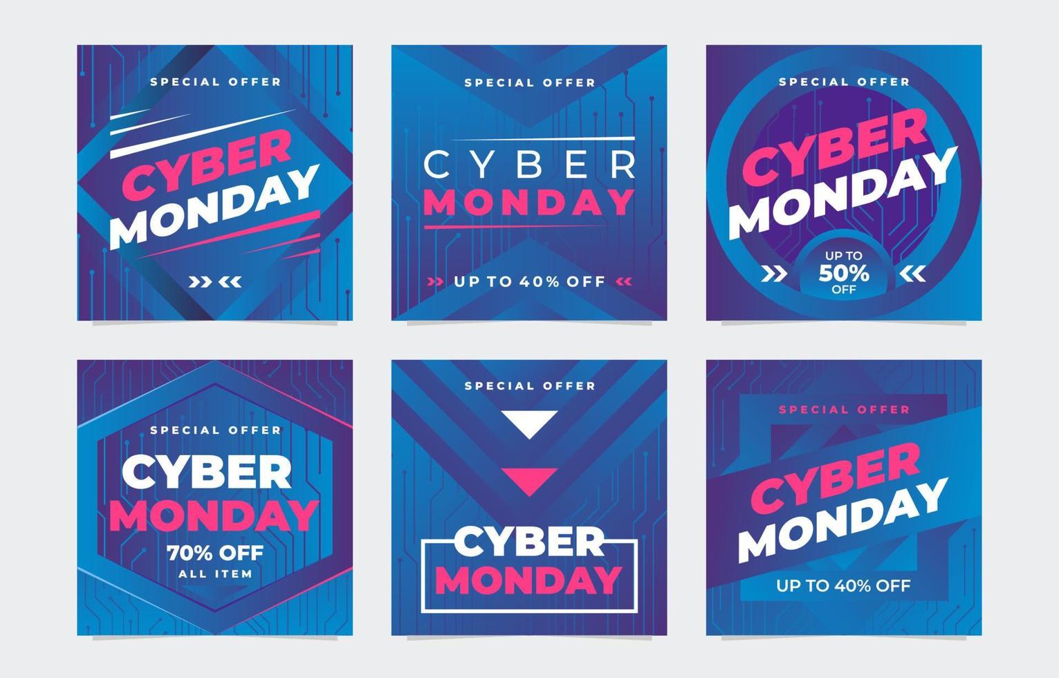 conjunto de publicaciones en redes sociales de cyber monday vector