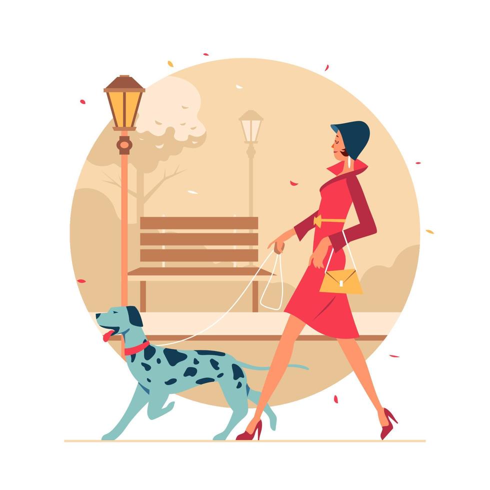 mujer caminando con su perro vector