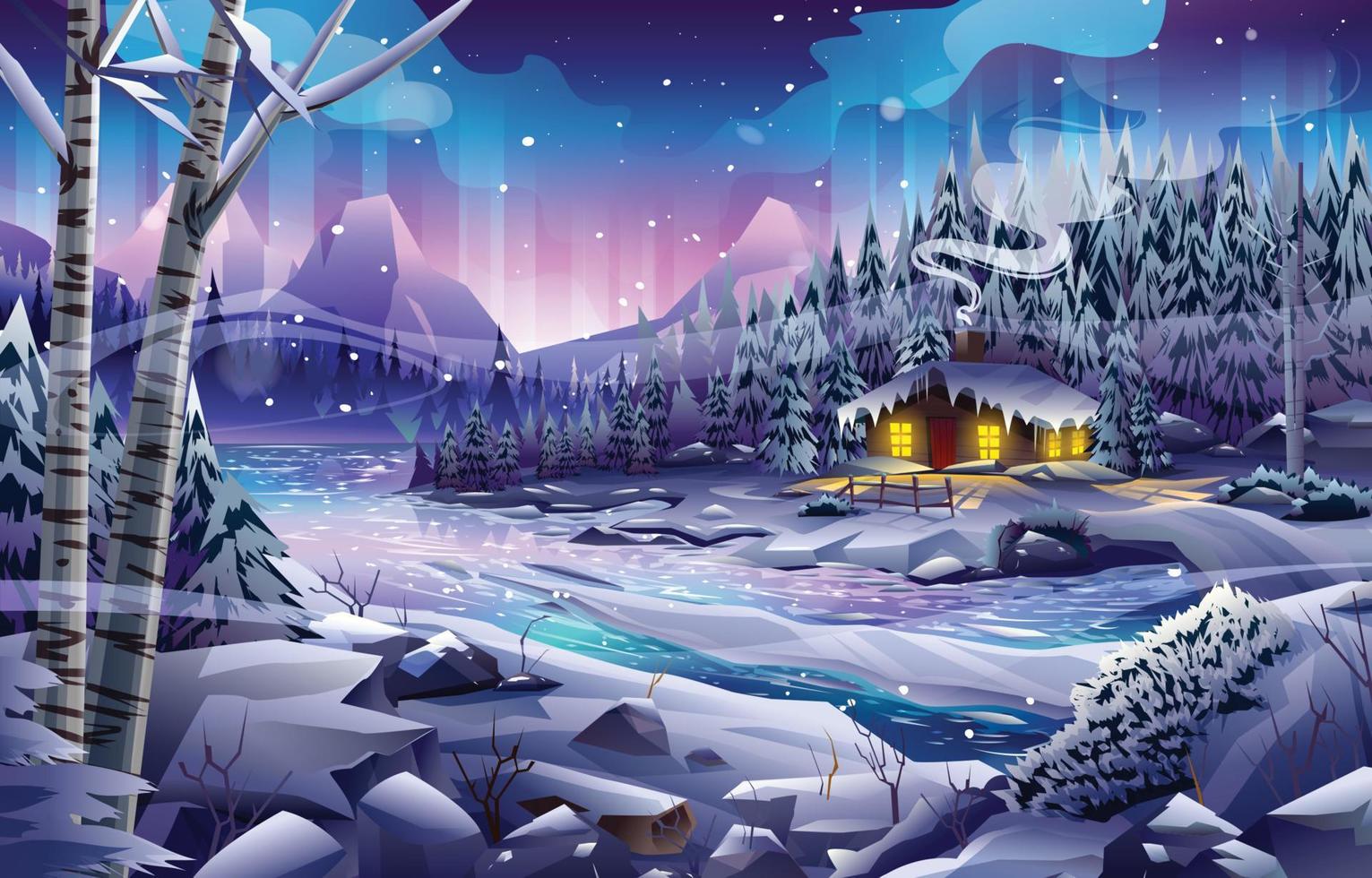 cabaña de madera en el bosque con la aurora boreal y el río en el paisaje nocturno vector