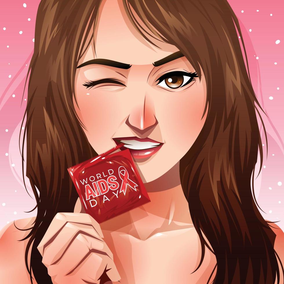 World AIDS Day with Woman Biting Condom Concept vector