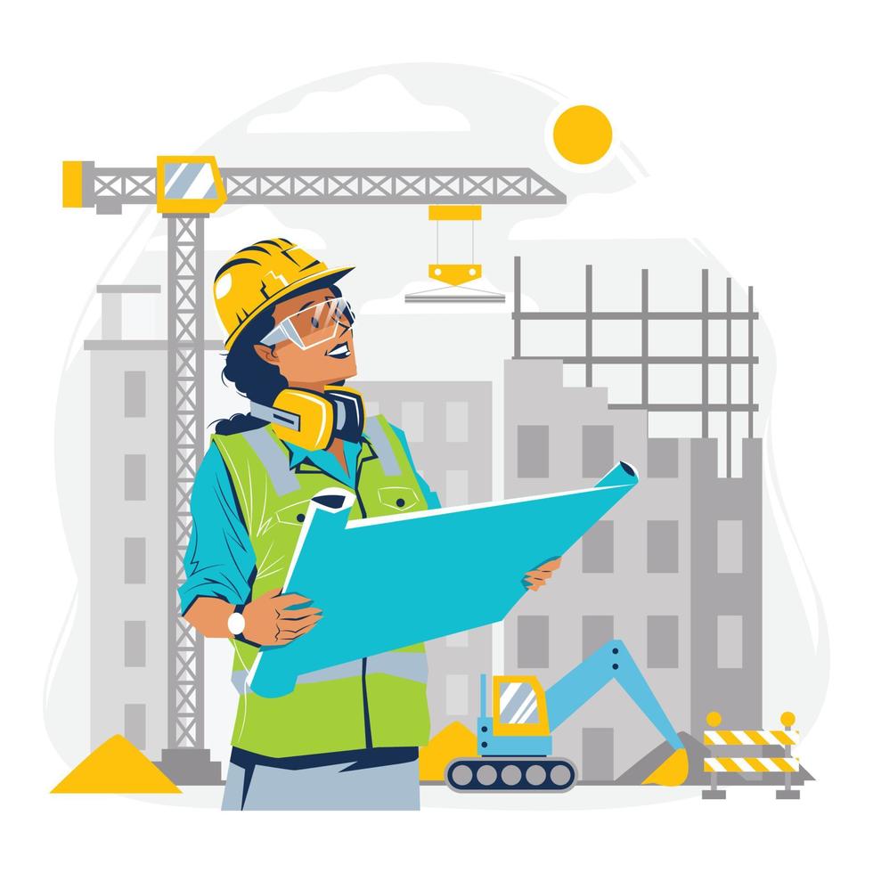 Woman Engineer Checking Blueprint in Construction Site Concept vector