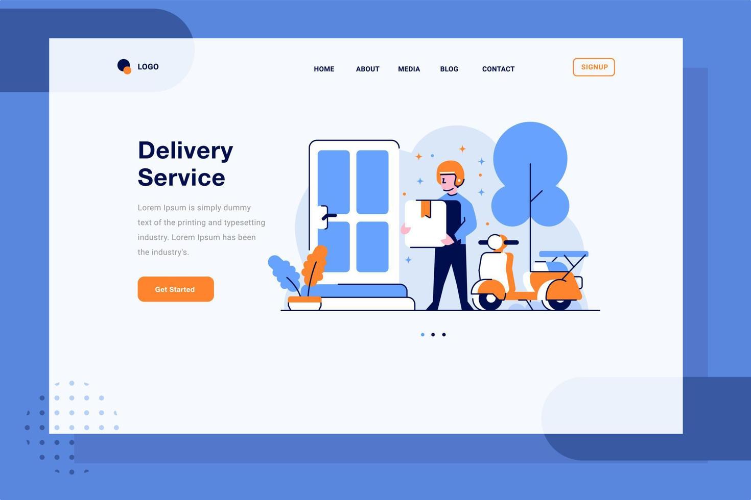 Landing Page Business marketplace Courier deliver item stuff with motorcycle to a consumer house home door flat and outline design style vector