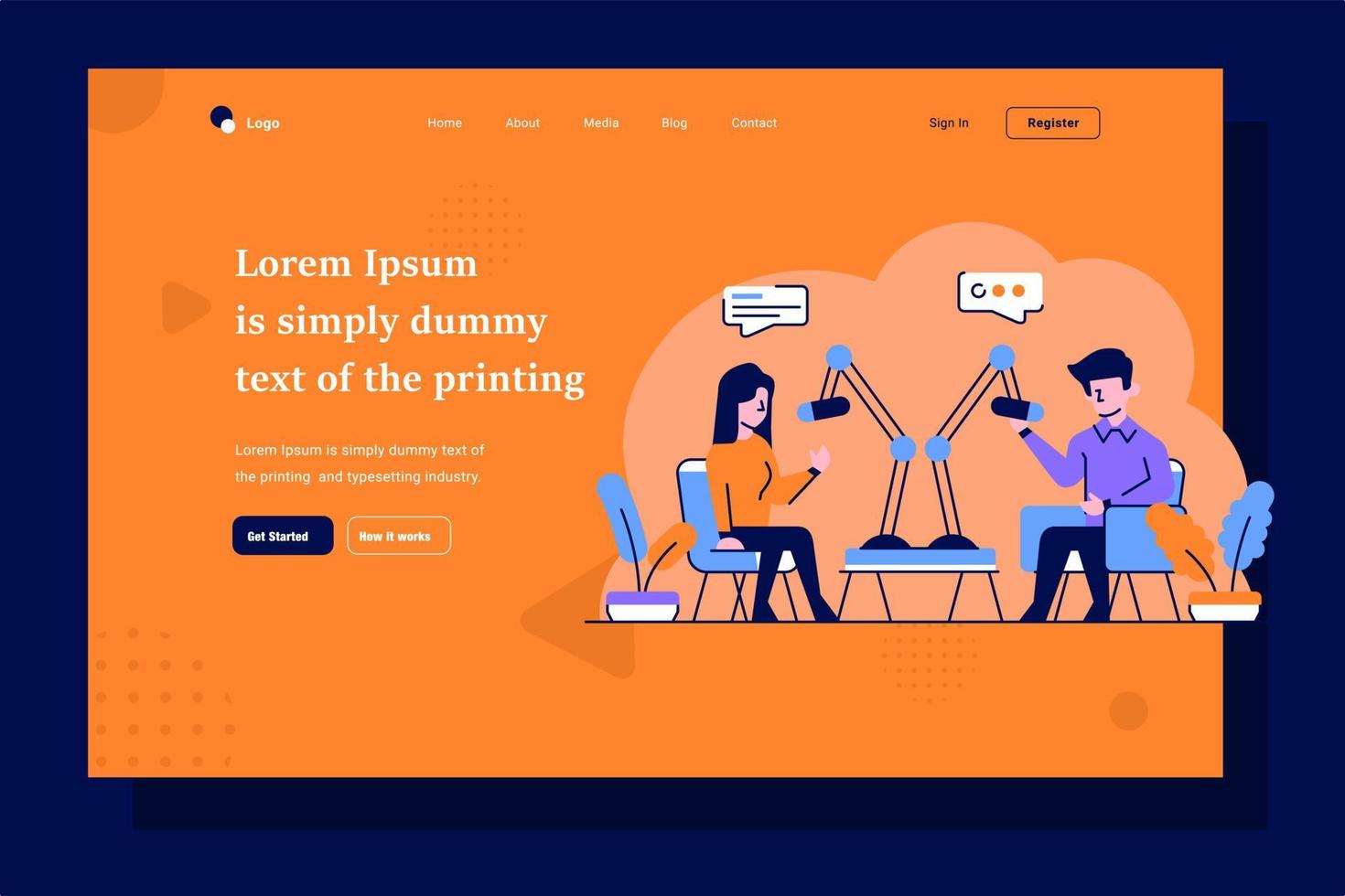 Landing Page Business people Radio Broadcast Podcast doing conversation talk content creator flat and outline design style vector