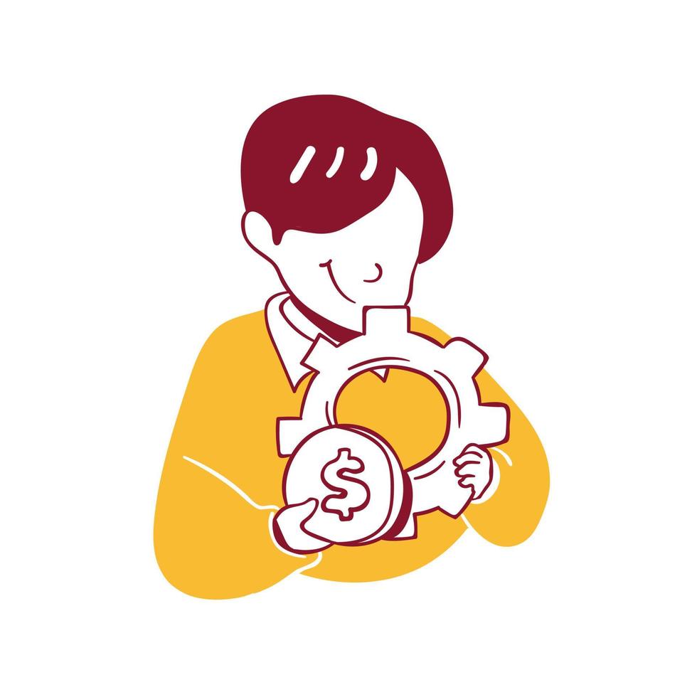 business finance man doing money management setting gear strategy Icon Illustration in Outline Hand Drawn Design Style vector